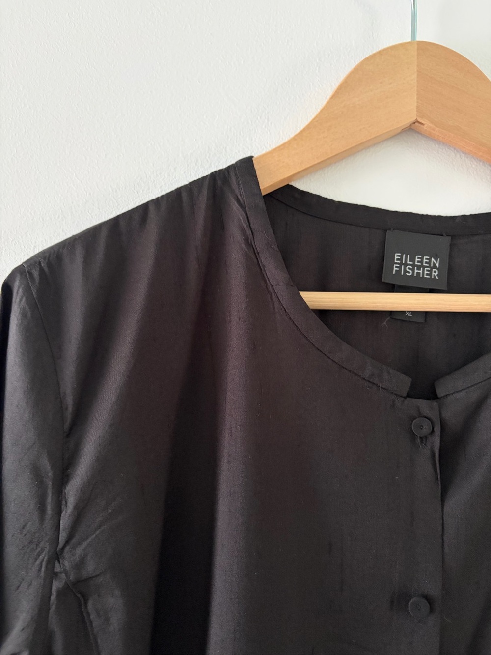 Eileen Fisher Minimalist Black Heavy Silk Shirt Dress Mandarin Collar Size XL - Picture 4 of 10